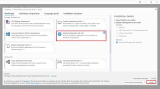 Visual Studio setup with mobile development package selection