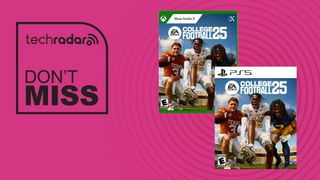 The PS5 and Xbox Series X editions of EA Sports College Football 25 on a pink backrground with black don't miss text