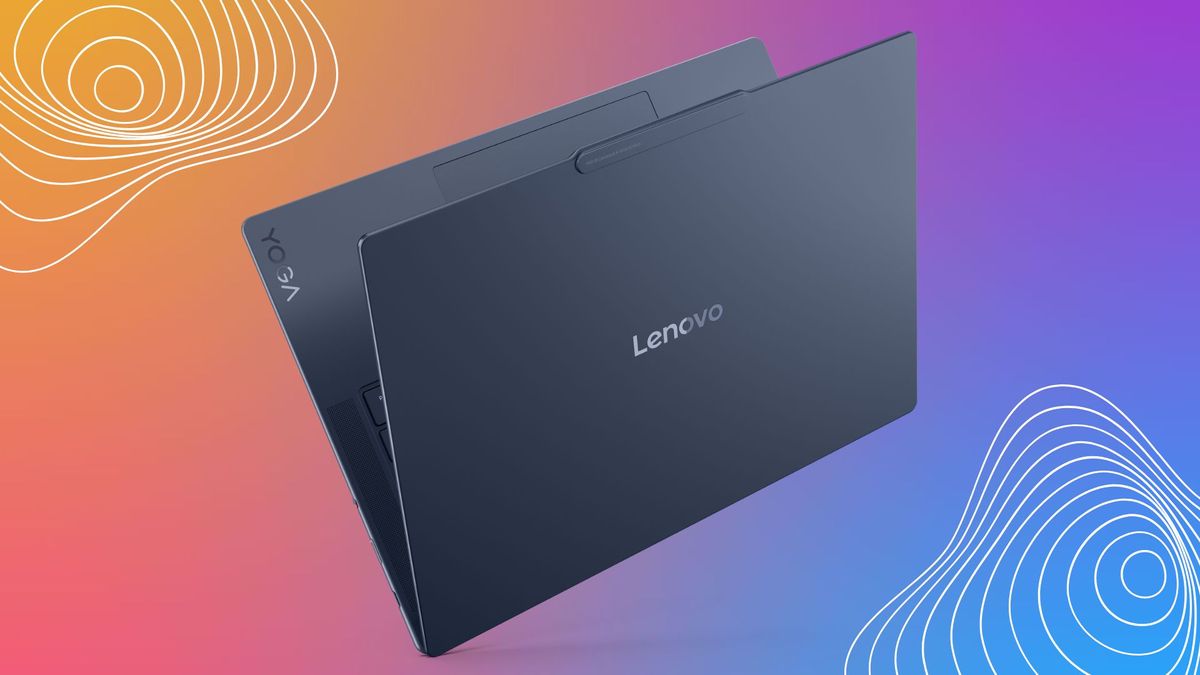 The Lenovo Yoga Slim 7x Copilot+ PC against a colorful blue and orange background