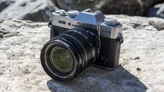 The Fujifilm X-T30 II resting on a rock