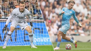 Simon Mignolet of Club Bruges and Jack Grealish of Manchester City 