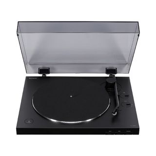 Sony PS-LX310BT turntable with lid on white background