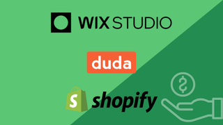 header image for best website builder for agencies with wix studio duda and shopofy logos on a green background