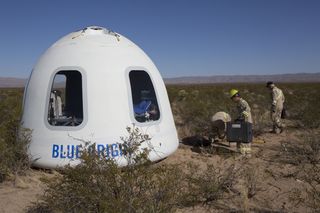 Blue Origin's New Shepard suborbital crew capsule 2.0, seen here after a test flight, features large windows that measure 2.4 feet wide by 3.6 feet tall (0.7 by 1.1 meters)