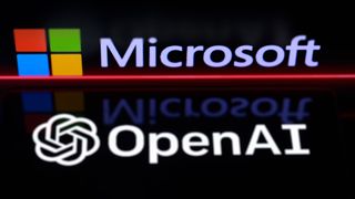 The OpenAI logo is being displayed on a smartphone, with the Microsoft logo visible on the screen in the background, in this photo illustration taken in Brussels, Belgium