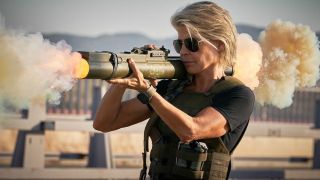 Linda Hamilton in Terminator: Dark Fate with a rocket launcher