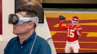 Apple Vision Pro next to Patrick Mahomes in Vision Pro Paramount Plus app during Super Bowl 2024