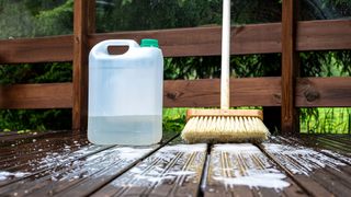 Brush and plastic canister with detergent on a wooden deck