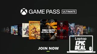 Xbox Game Pass Ultimate ad showing numerous games available on the service fanned out across a black background.