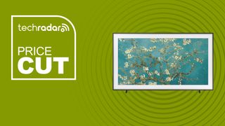 SAMSUNG 55-Inch Class QLED 4K The Frame TV art display with flowers on green background with price cut sign