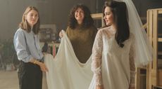 Priscilla behind-the-scenes with Sofia Coppola and costume designer Stacey Battat and Cailee Spaeny as Priscilla