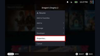 Dragon's Dogma 2 on Steam Deck: Select Properties.