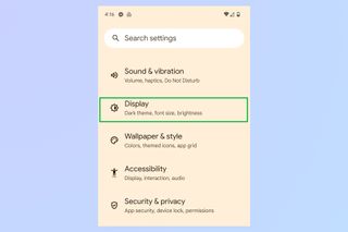 A screenshot of the Settings menu on a Pixel phone with a green box around the Display option
