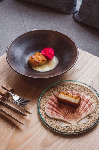 Scallop, pine and kohlrabi served with scallop roe toast at Fhior