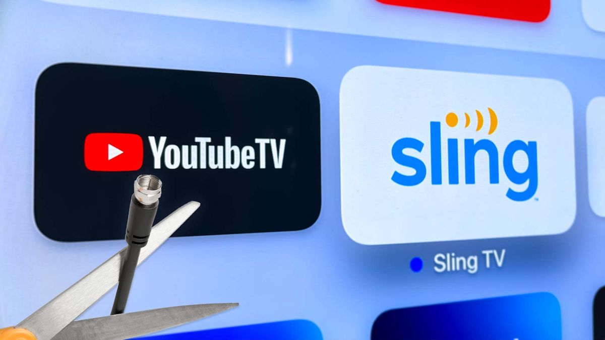 A coaxial cord being cut in front of the YouTube TV and Sling TV logos