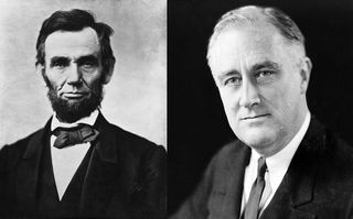 Side-by-side black and white portraits of Abraham Lincoln and Franklin D. Roosevelt