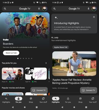 Highlights and For You tab on Google TV Android app