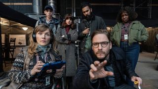 (L-R): Jessica Hynes, Daniel Brühl (front), Isaac Powell, Aya Cash, Himesh Patel, Lolly Adefope (back) for HBO's "The Franchise"