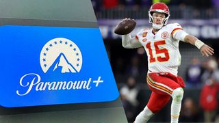 Paramount Plus logo next to photo of Patrick Mahomes