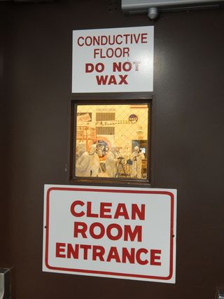 The entrance to the Kennedy Space Center clean room where engineers work to prepare the Cygnus supply spacecraft for flight.