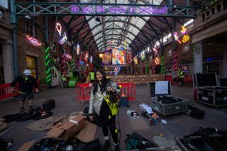 Chila Burman's neon installation,  Do you see words in rainbows, at Covent Garden market.