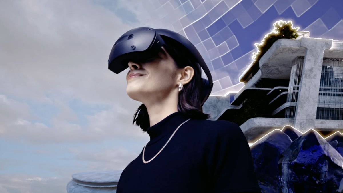 Woman wearing Sony Xyn mixed reality headset.