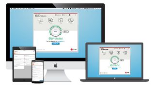 Trend Micro antivirus brugerflade på mobil, tablet, bærbar og pc-monitor