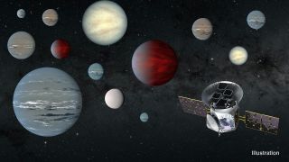 An artist's depiction of the TESS spacecraft and some of the exoplanets it has spotted.