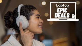 Woman wearing beige Sony headphones 