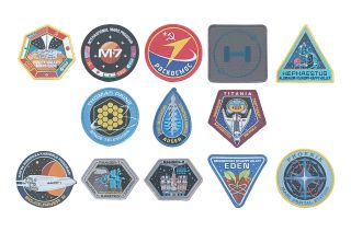 13 space mission patches sit on a white background