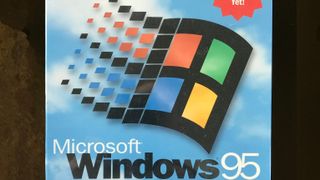 A cropped photo of the first-ever copy of Windows 95 taken from the production line, by currently-retired, then-Microsoft VP Brad Silverberg.