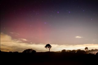 faint red pillars of light in the sky.