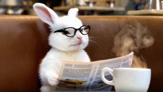 A rabbit wearing glasses sitting in a cafe and reading a newspaper