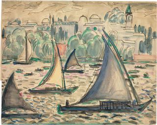 Sailboats in the Sea of Marmara, with Constantinople in the background, in pencil, ink and watercolour