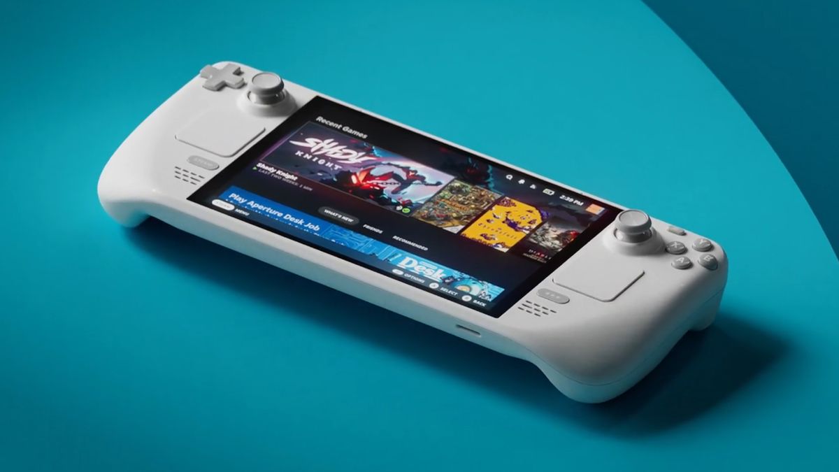 Image of a white Valve Steam Deck limited edition handheld gaming PC.