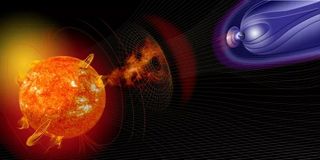 an image of the sun and Earth (not to scale) with the sun beaming out orange rays that impact a series of blue rays radiating from Earth