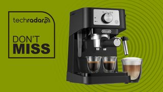 A Delonghi Stilosa Espresso Machine on a green background next to "Don't Miss"