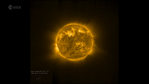 A short animated video showing the sun rotating and appearing to get closer, as the Solar Orbiter approaches our home star. Large coronal loops can be seen erupting from the surface. The sun's surface looks very turbulent and active.