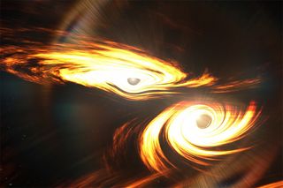 An artist's depiction of two black holes spiraling towards each other, about to collide. 