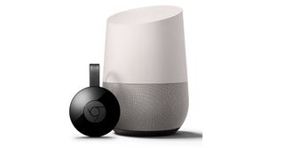 A picture of the 2nd Gen Google Chromecast next to a Google Home smart speaker.