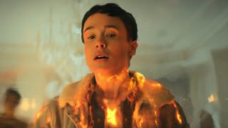 Viktor Hargreeves (Elliot Page) with flames on their body as seen in "Umbrella Academy" season 4