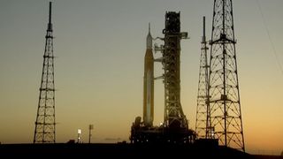 The Artemis 1 moon mission stack rolls off Pad 39B at NASA's Kennedy Space Center in Florida on April 25, 2022. Artemis 1 is headed to KSC's Vehicle Assembly Building, where team members will address a few issues identified during the mission's "wet dress rehearsal" test in early April.