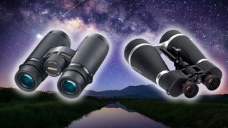 Two pairs of the best binoculars for stargazing against a starry sky background