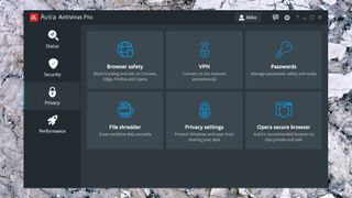 Avira antivirus provacy tools listed on its dashboard