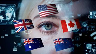 A women's eye in the background with the UK, US, Canada, Australian and NZ flag as the symbol of the Five-eyes agreement