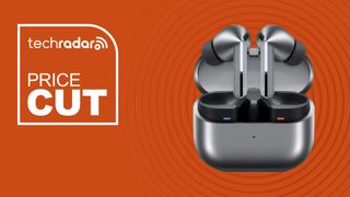 Samsung Galaxy Buds3 Pro in silver on orange background with price cut sign