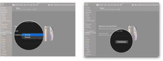 Transferring iPhone data on macOS Catalina showing steps to Click recent backup, click Continue