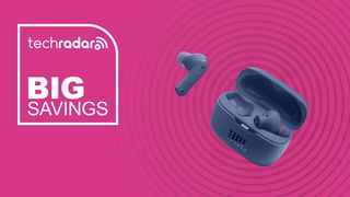 JBL Tune 230NC on magenta background with words 'TechRadar: Big savings' positioned to the left of the earbuds