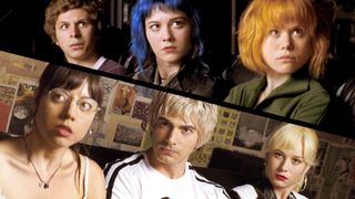 (top left moving clockwise) Michael Cera, Brie Larson, Alison Pill, Brandon Routh, Mary Elizabeth Winstead, Julie Powers and Aubrey Plaza in Scott Pilgrim vs the World