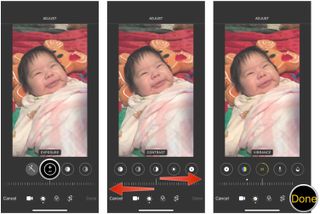 How to make further adjustments when editing video on iPhone and iPad by showing: Tap the Adjustments button, then scroll through and find the adjustment you want, move the slider as you see fit, then tap Done to save. Repeat as needed
